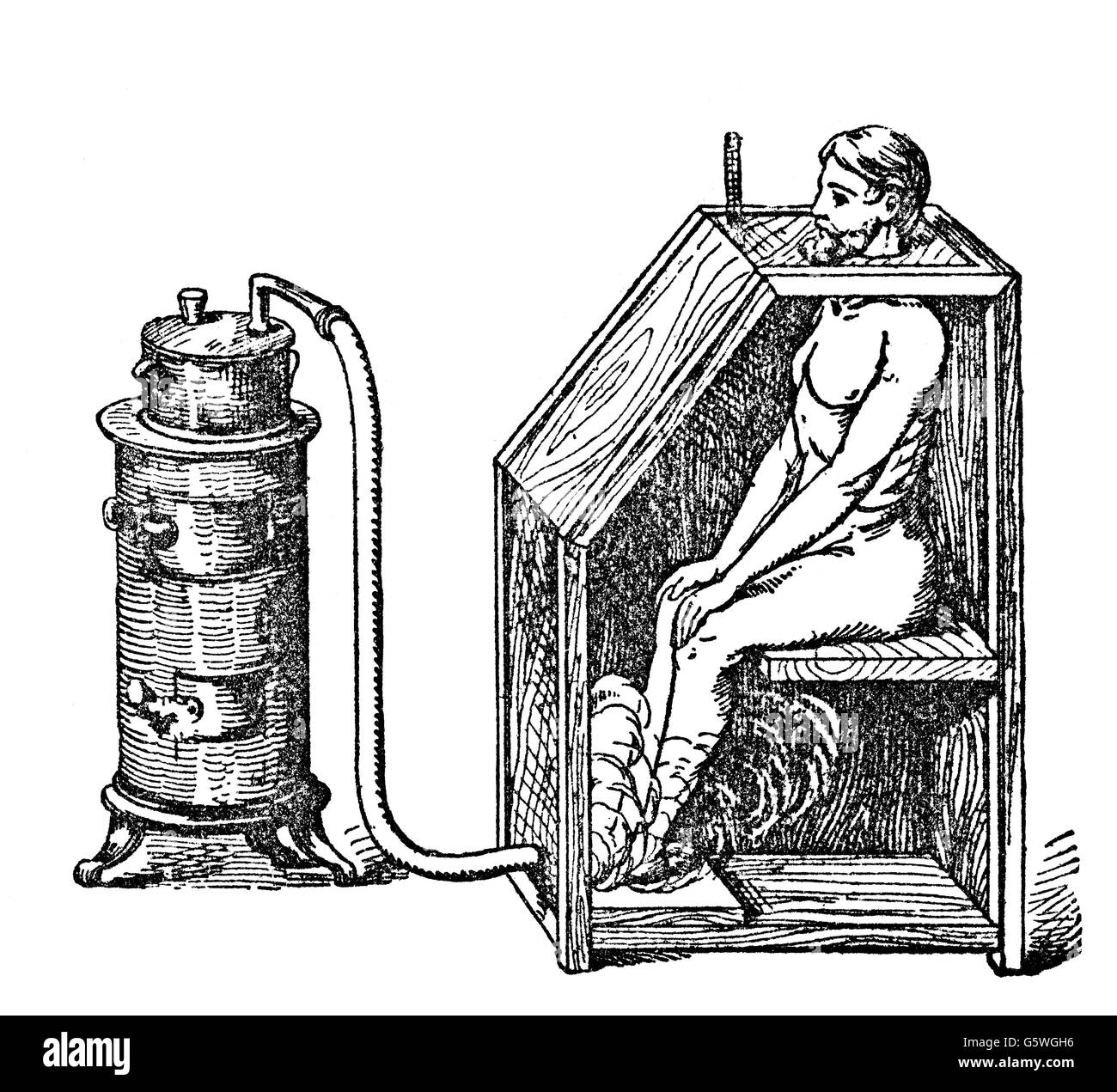 Medicina, trattamento, bagni di vapore, cassa di vapore in cui sedersi, incisione in legno, da: Friedrich Eduard Bilz, New Naturopathic Treatment, Lipsia, Germania, 1902, Additional-Rights-Clearences-Not Available Foto Stock
