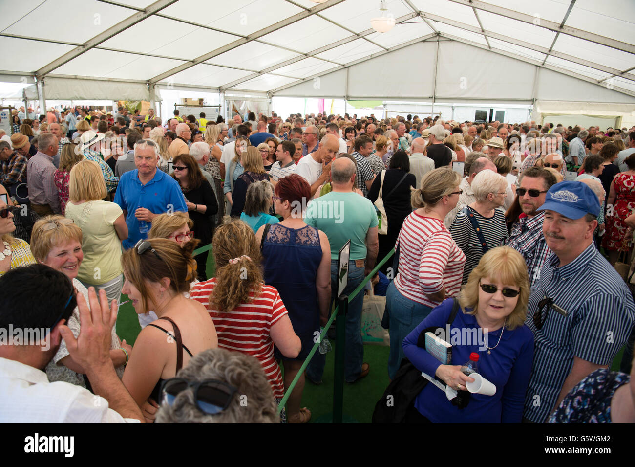 Code folle di persone in attesa per entrare in uno dei principali eventi all'Hay Festival della letteratura e delle arti, Hay on Wye, Powys, Wales UK, domenica 05 giugno 2016 Foto Stock