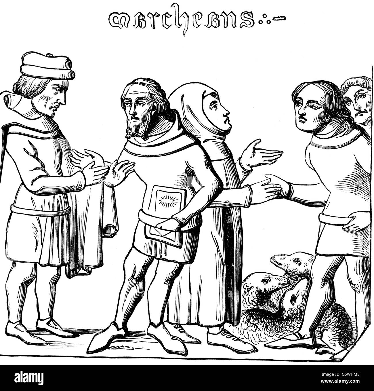 Commercio, fiere, fiera del tessuto e mercato della lana, miniatura, XIV secolo, Bibliotheque de Bourgogne, Bruxelles, incisione del legno, XIX secolo, persone, uomini, uomo, gruppo, gruppi, mercanti, lana, lana, lana, lana, stoffa, stoffa, fiera, fiera, mercato, animali, animali, pecore, abbigliamento, Medioevo, Belgio, Ducato romano, Borgogna, Sacro Storico, storico, medievale, diritti-aggiuntivi-non-disponibili Foto Stock