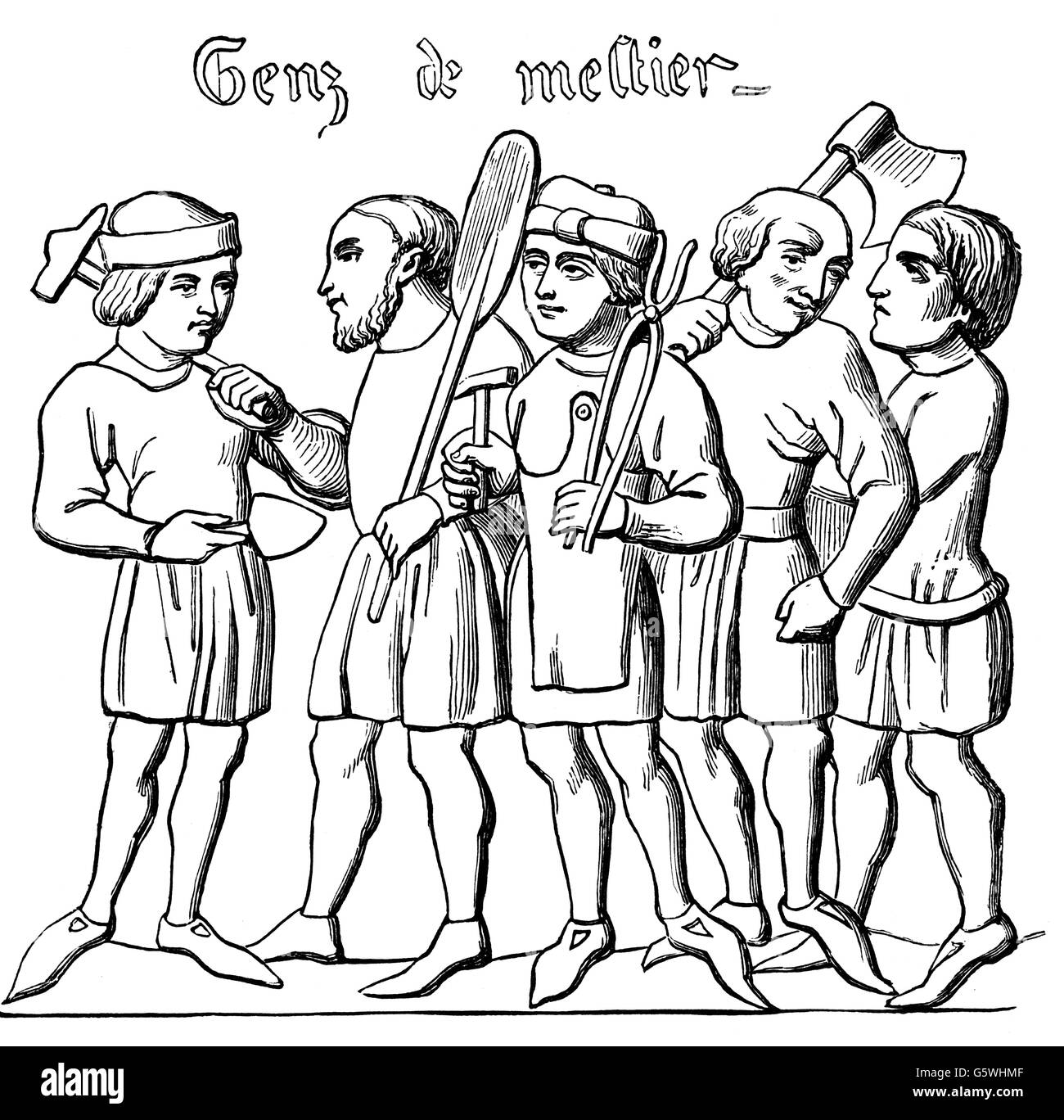 Artigianato, artigiani, miniatura, del secolo XIV, Bibliotheque de Bourgogne, Bruxelles, incisione su legno, secolo XIX, persone, uomini, l'uomo, gruppo, gruppi, artigiano, artigiani, vestiti, moda, Medioevo, Belgio, Ducato di Borgogna, Sacro Romano Impero, storico, storico medievale, artista del diritto d'autore non deve essere cancellata Foto Stock