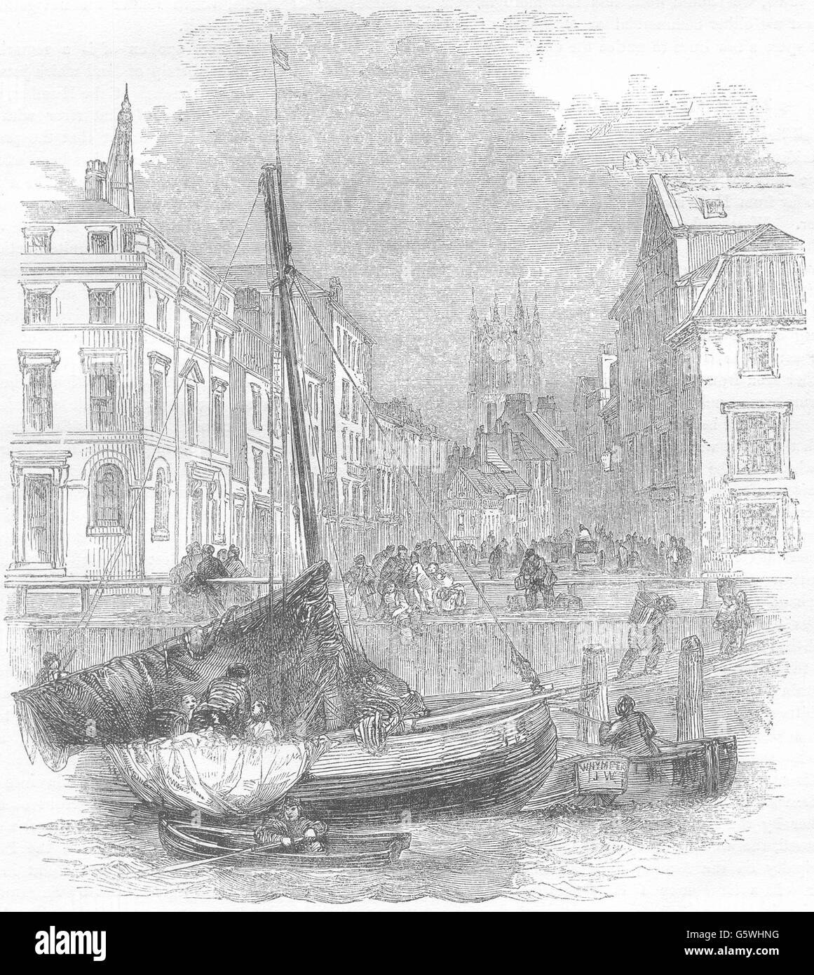 YORKSHIRE: scafo, dal molo, cercando di Queen Street, antica stampa 1850 Foto Stock