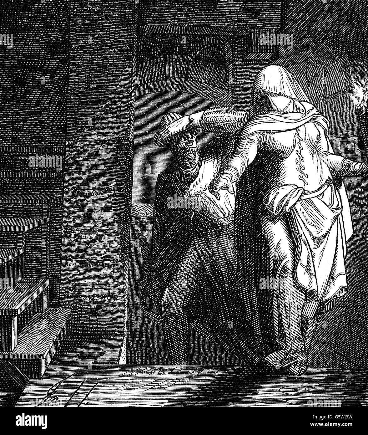 Albert i, 1255 - 1.5.1308, Re Tedesco 27.7.1298 - 1.5.1308, figlia del conte Rainald di Geldern aiutandolo a fuggire, incisione in legno, 19th secolo, Foto Stock