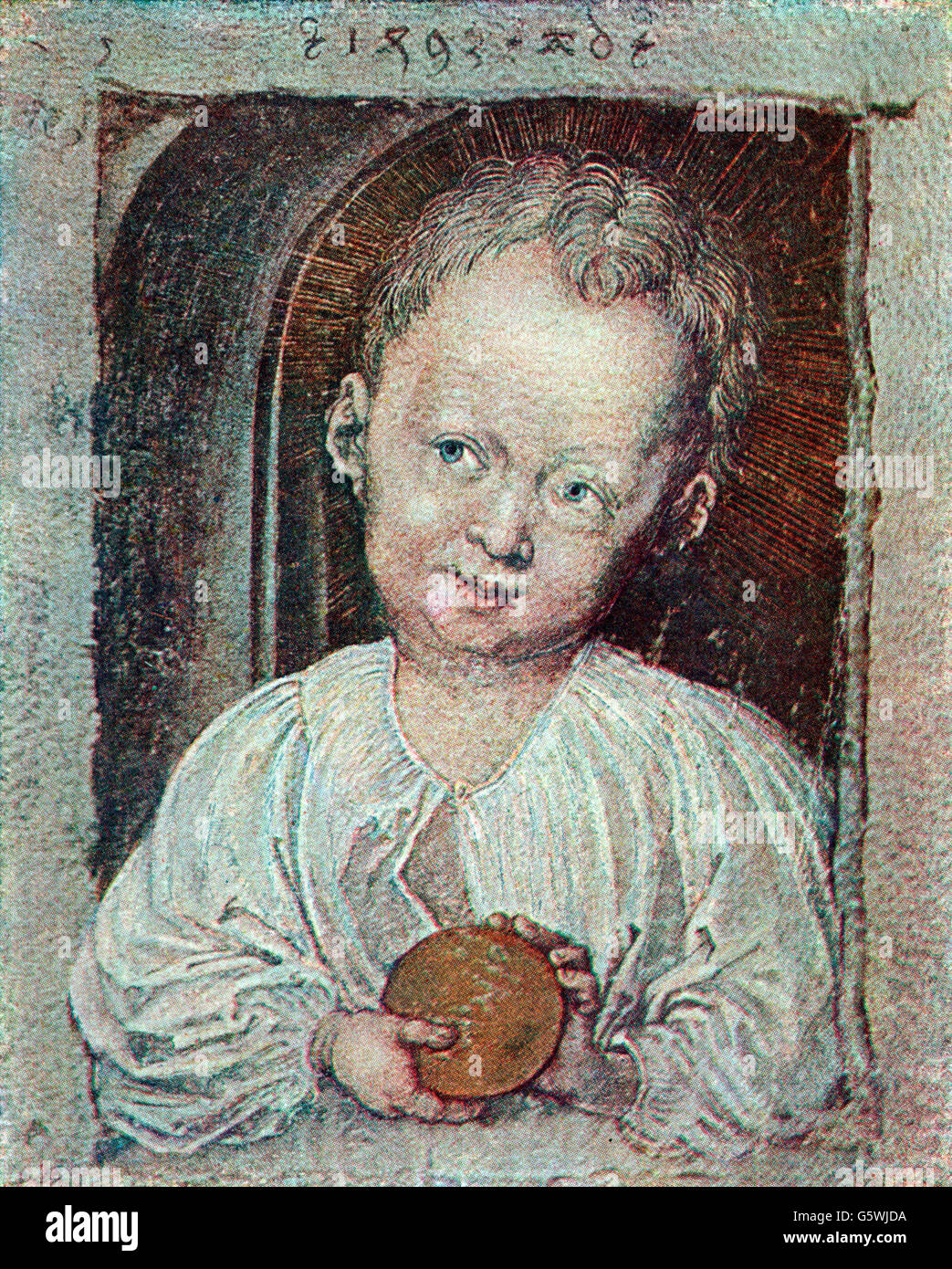 Belle arti, Dürer, Albrecht (1471 - 1528), disegno 'Christusknabe mit der Weltkugel' (Infant Cristo con Orb), 1493, acquerello, Albertina di Vienna, stampa artista del diritto d'autore non deve essere cancellata Foto Stock