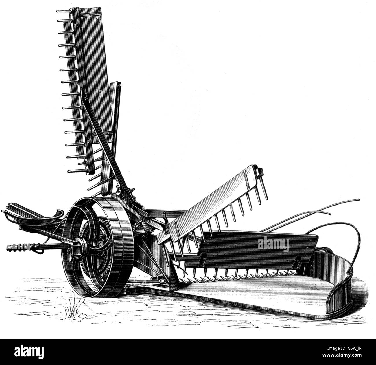 Agricoltura, macchine, falciatrice per cereali di Zimmermann, incisione del legno, da: Meyers Konversationslexikon, 4a edizione, Lipsia - Vienna, 1885 - 1892, diritti-aggiuntivi-clearences-not available Foto Stock
