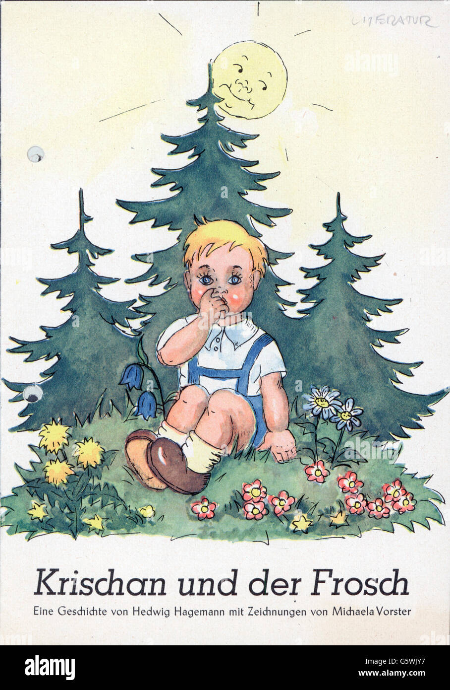 Letteratura, libro, 'Krischan und der Frosch' (Krischan e la Rana) di Hedwig Hagemann, disegni: Michaela Vorster, titolo, stampa in rame, Graphische Betriebe W.Girardet, Essen, 1950, diritti aggiuntivi-clearences-non disponibili Foto Stock