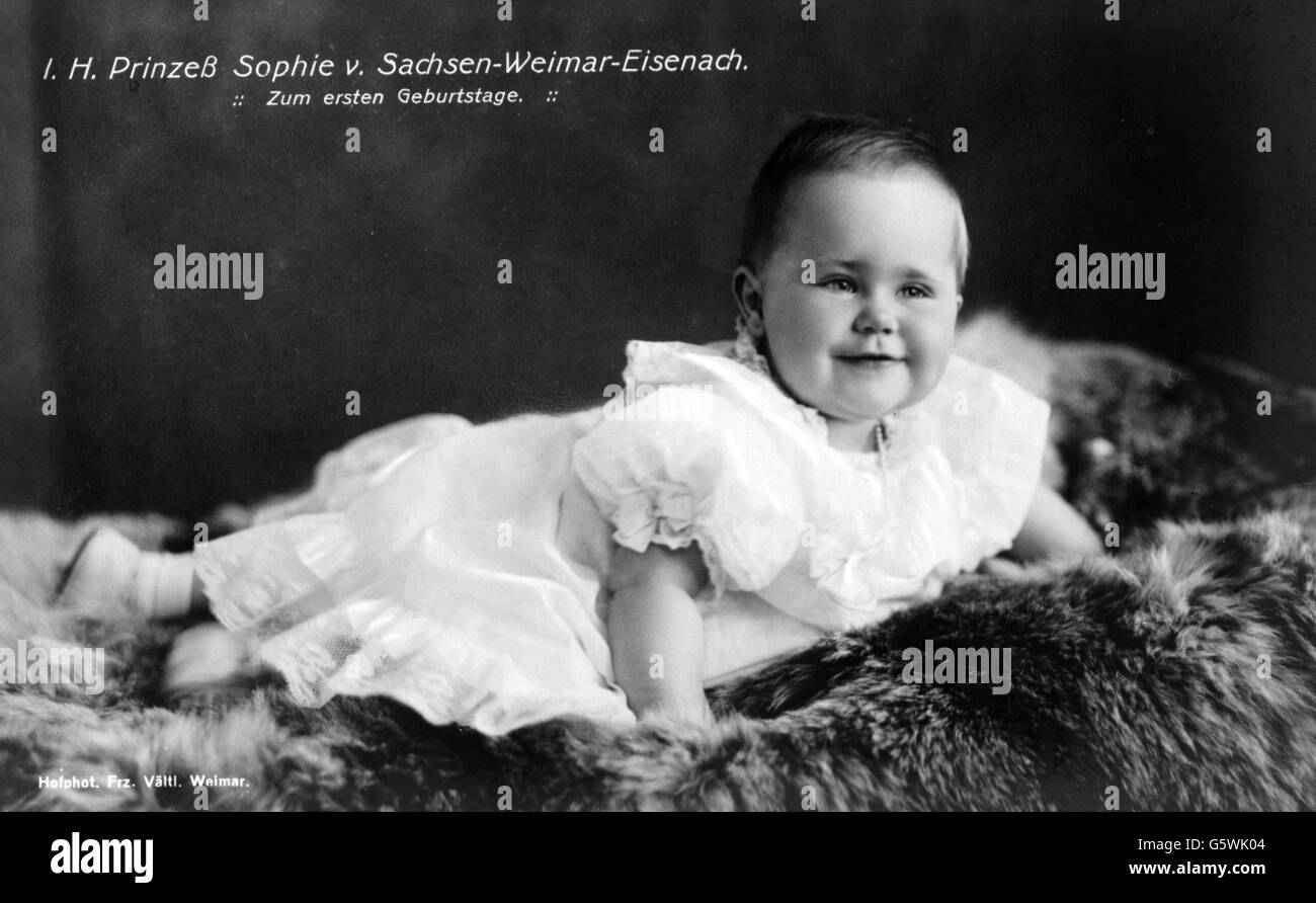 Sophie, 20.3.1911 - 21.11.1988, Principessa di Schwarzburg, da bambina di un anno, cartolina, Frz. Vaeltl, editore F. Feuerstein, Weimar, 1912, Foto Stock