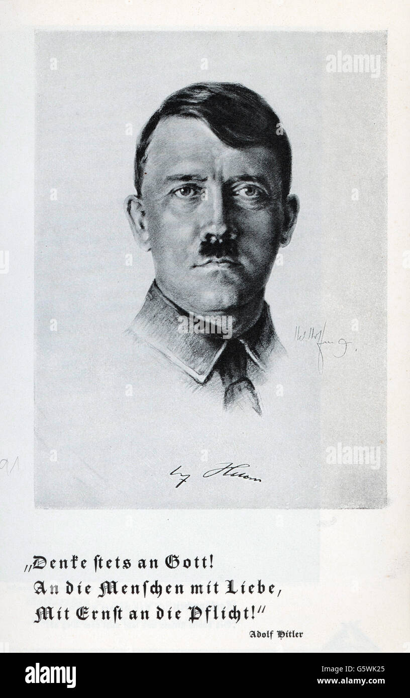 Hitler, Adolf, 20.4.1889 - 30.4.1945, politico tedesco (NSDAP), ritratto, da: 'Bilderatlas zu den bayerischen Lesebüchern' (Picture Atlas to the Bavarian Storybooks), 1st numero, fiabe, editore: Bayerische Milchversorgung, Norimberga, stampa: F.Bruckmann AG, Munich, 1930s, Foto Stock