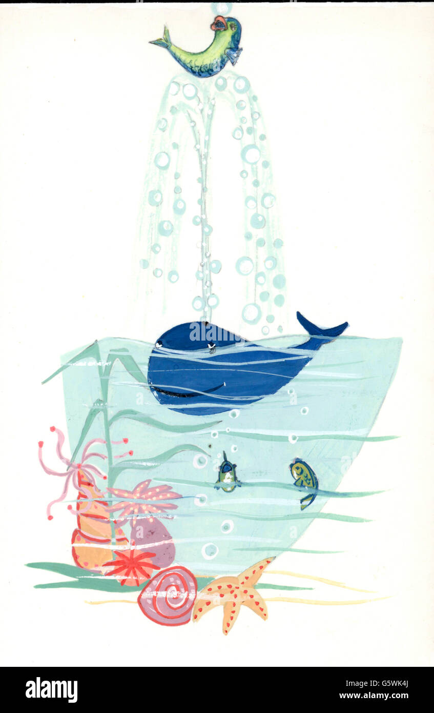 Letteratura, illustrazioni, balena che lascia il pesce saltare sul suo getto d'aria, bozza per un libro di storia inedito, artista sconosciuto, Germania, anni 50, Additional-Rights-Clearences-Not Available Foto Stock