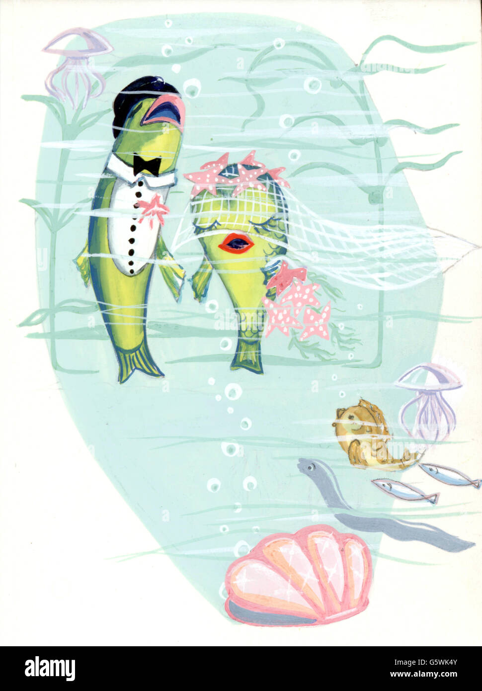 Letteratura, illustrazioni, due pesci sposarsi, bozza per un libro di storia inedito, artista sconosciuto, Germania, anni 50, diritti aggiuntivi-clearences-non disponibile Foto Stock