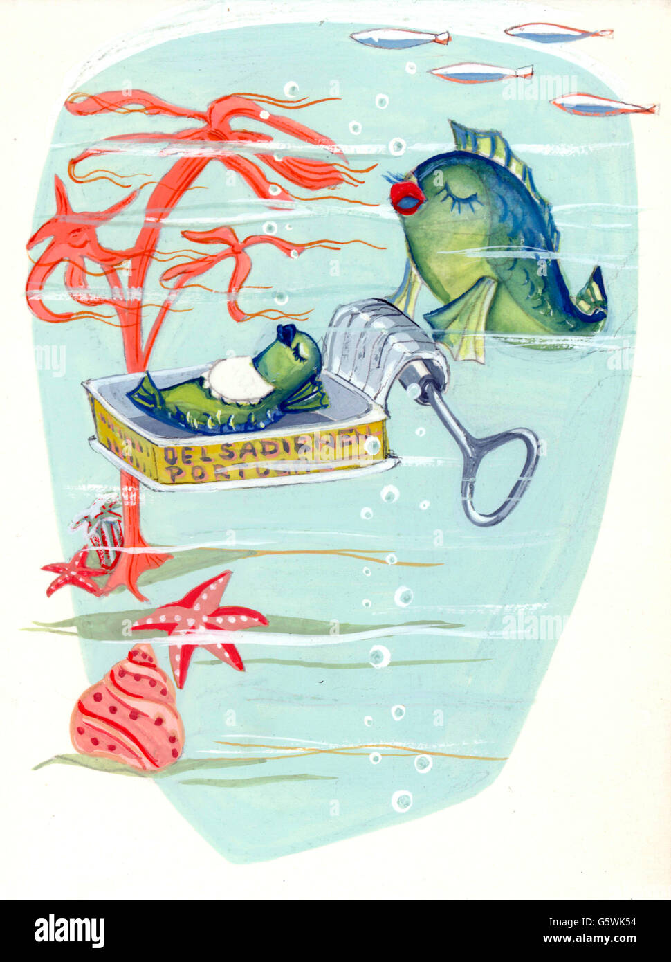 Letteratura, illustrazioni, madre di pesce che alleva il suo bambino in barattolo di sardine, bozza per un libro di storia inedito, artista sconosciuto, Germania, anni 50, diritti aggiuntivi-clearences-non disponibile Foto Stock