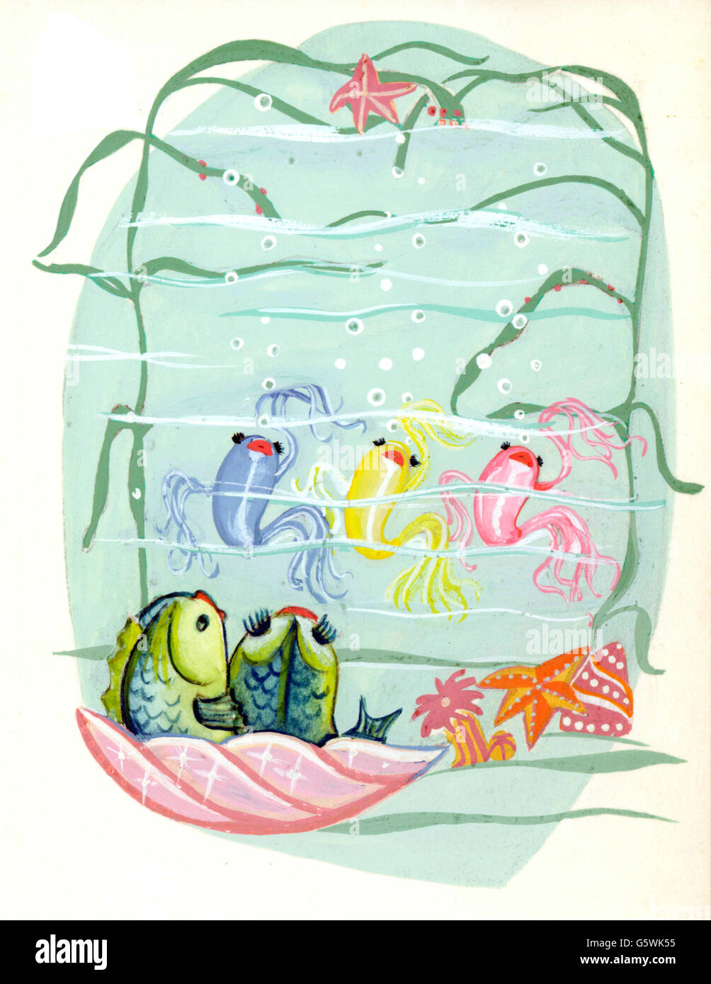 Letteratura, illustrazioni, spettacolo di danza per l'osservazione dei pesci, bozza di un libro di storie inedito, artista sconosciuto, Germania, anni '50, diritti aggiuntivi-clearences-non disponibile Foto Stock