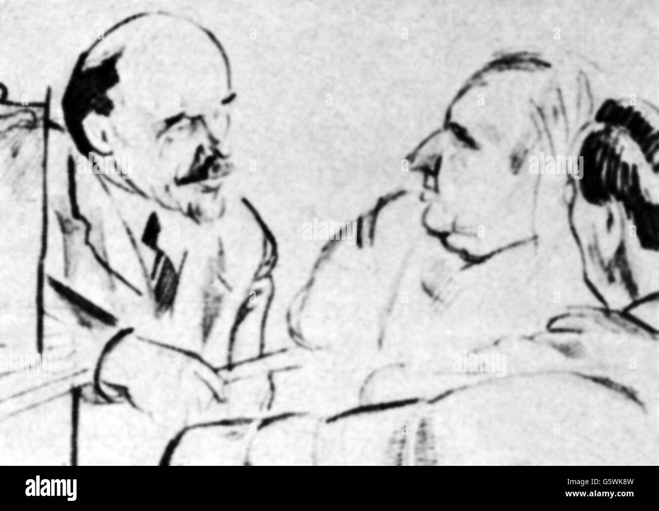 Lenin (Vladimir Ilyich Ulyanov), 22.4.1870 - 21.1.1924, politico russo, ritratto, conversando con rappresentanti dei sindacati inglesi, disegno di Natan Altman (1889 - 1970), maggio 1920, Foto Stock