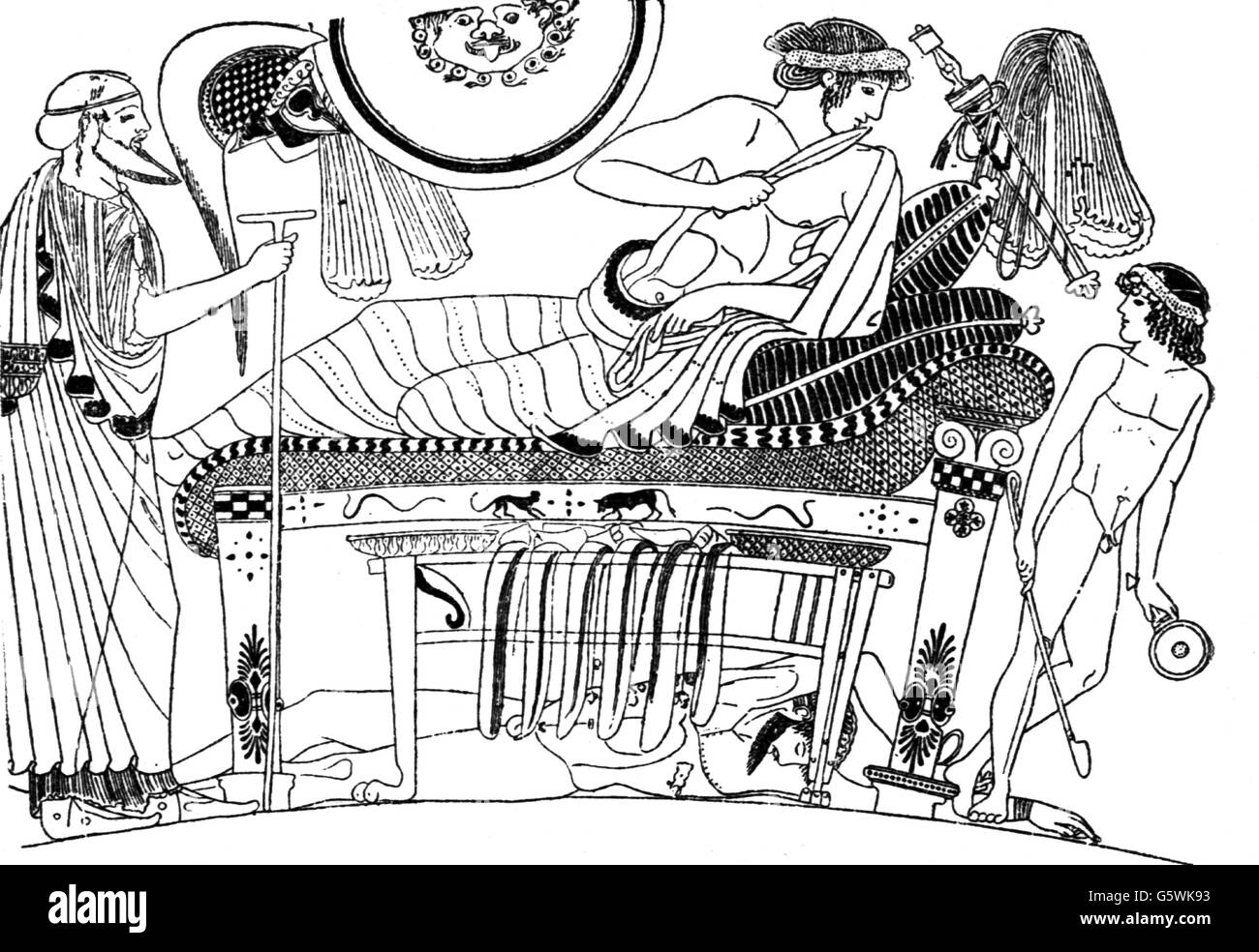 Achille, eroe mitologico greco, simposi di Achille, dopo l'antica pittura greca con vaso, incisione del legno, 1894, Foto Stock