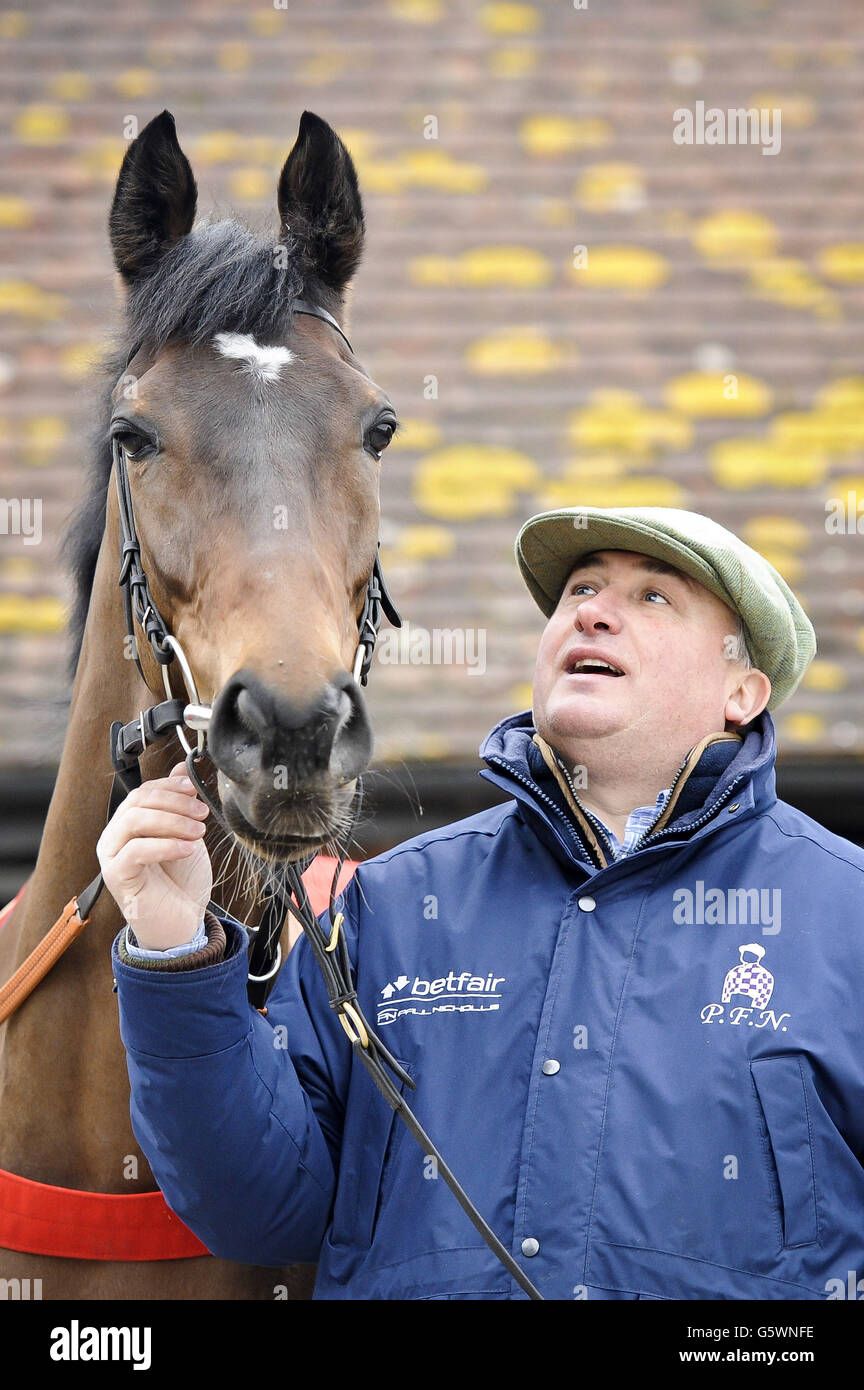 Il formatore Paul Nicholls con Zarkandar durante la visita a Paul Nicholls Manor Farm Stables, Ditcheat. Foto Stock