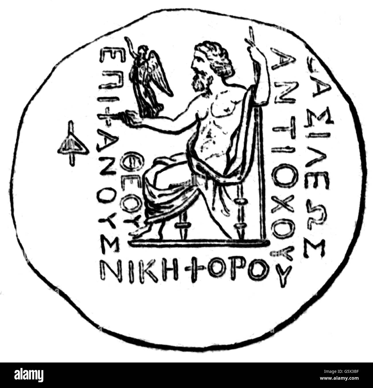 Zeus, divinità greca, intera lunghezza, sul trono, al contrario di un tetraradrachm di re Antioco IV Epifani, circa 168 a.C., incisione in legno, 19th secolo, Foto Stock
