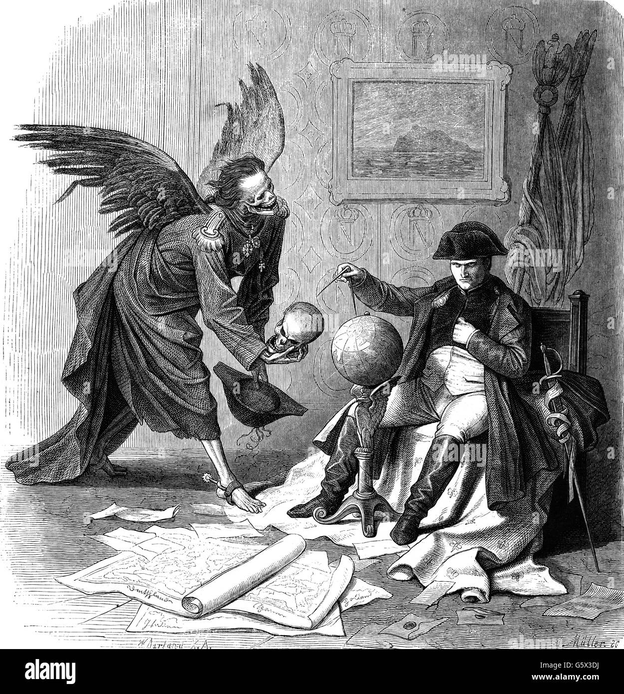 Napoleone i, 15.8.1769 - 5.5.1821, Imperatore dei francesi 2.12.1804 - 22.6.1815, allegorie, 'l'Imperatore e il Reaper', incisione in legno dopo la 'Danza Della Morte' di Wilhelm Kaulbach, 19th secolo, Foto Stock