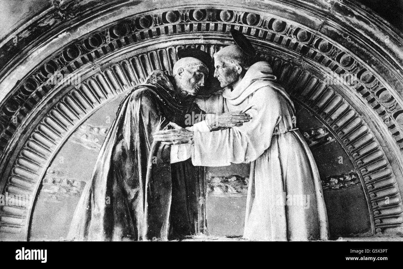 San Francesco d'Assisi, circa 1181 - 3.10.1226, Clergyman italiano, santo, incontro con San Domenico, scultura di Andrea della Robbia, Spedale di San Paola, Firenze, 1493, cartolina, Ackermann Kunstverlag, Monaco, circa 1915, Foto Stock