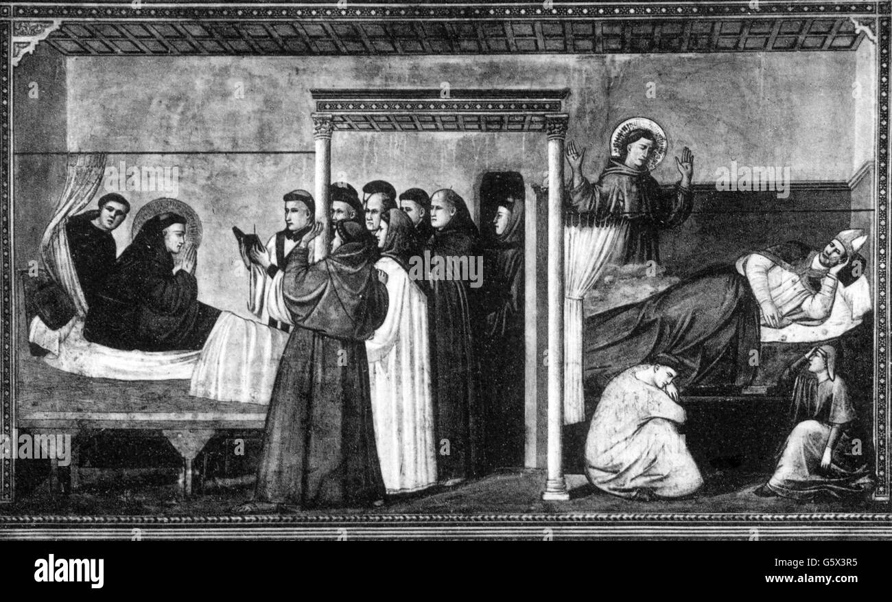 San Francesco d'Assisi, circa 1181 - 3.10.1226, sacerdote italiano, santo, morte, dopo affresco di Giotto di Bodone, chiesa Santa Croce, Firenze, 1317, cartolina, Italia, 20th secolo, Foto Stock