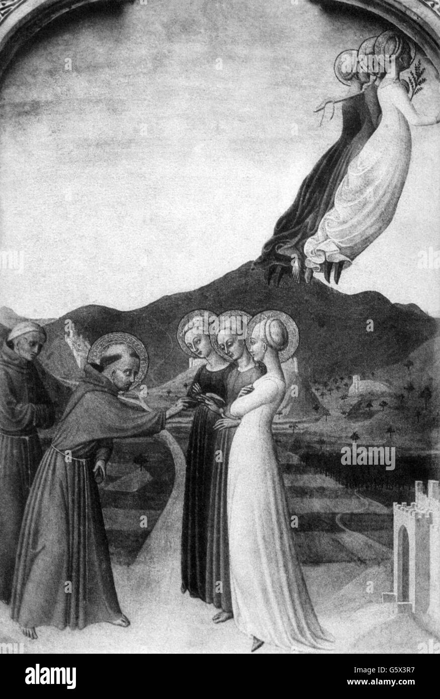 San Francesco d'Assisi, circa 1181 - 3.10.1226, Clergyman italiano, santo, matrimonio mistico, dopo la pittura di sano di Pietro, 15th secolo, Musee Conde, Chantilly, cartolina, Francia, circa 1900, Foto Stock