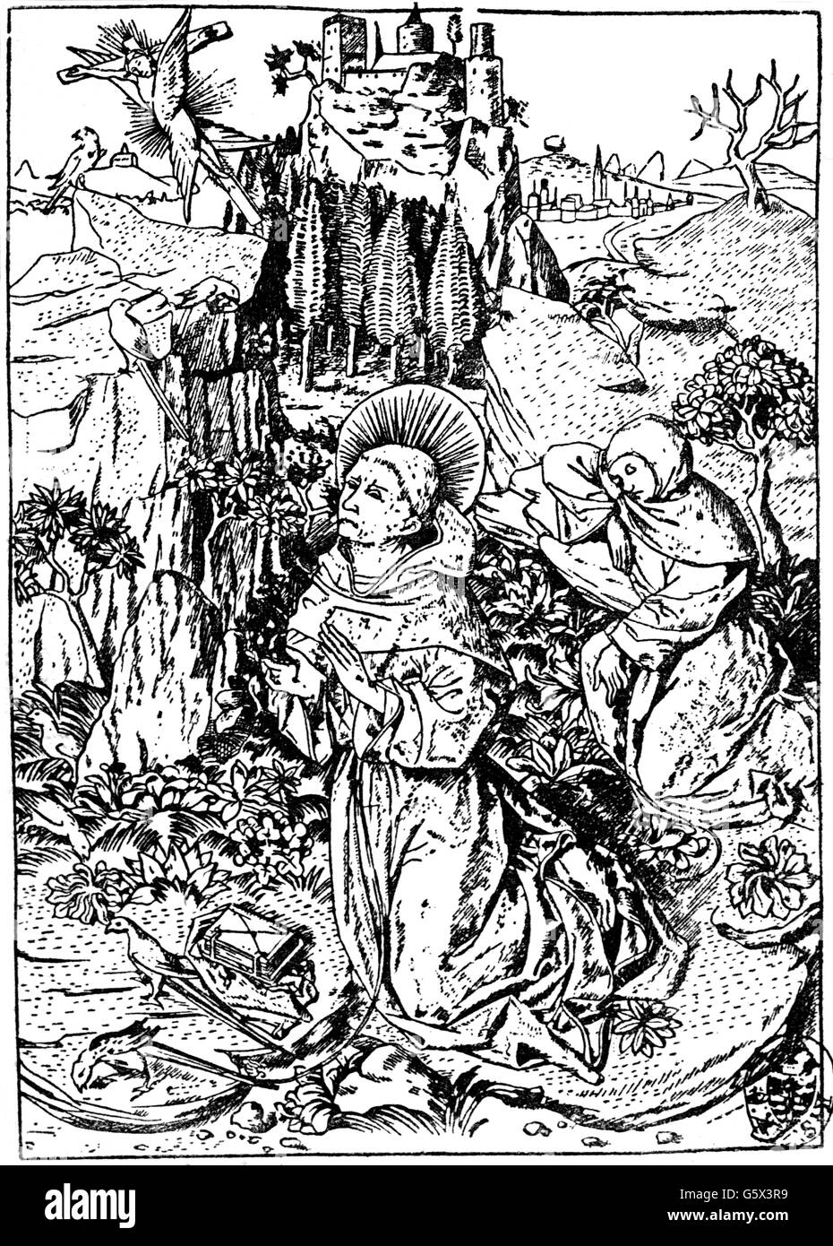 San Francesco d'Assisi, circa 1181 - 3.10.1226, Clergyman italiano, santo, stigmatizzazione, taglio in legno del Maestro E. S., circa 1460, Foto Stock