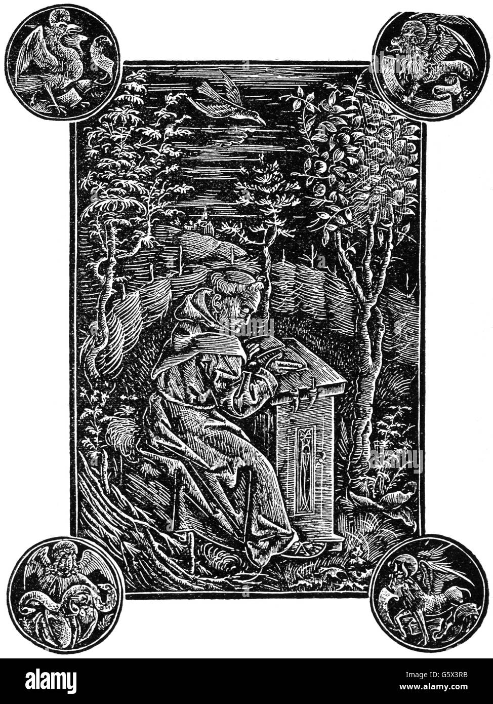 San Francesco d'Assisi, circa 1181 - 3.10.1226, Clergyman italiano, San, linocut, 19th secolo, Foto Stock