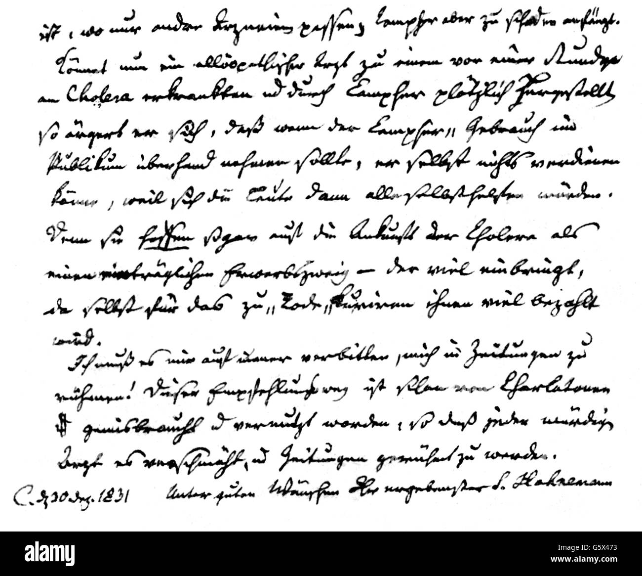 Hahnemann, Christian Friedrich Samuel, 10.4.1755 - 2.7.1843, medico tedesco / medico, fine della lettera sul canfora come cura contro il colera, 30.12.1831, Foto Stock