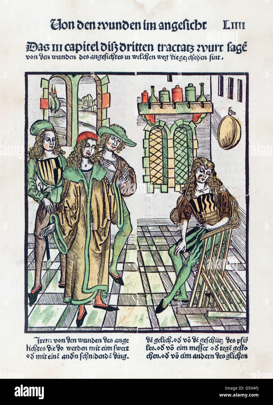 Medicina, libri di testo, 'Das Buch der Cirurgia', di Hieronymus Brunschwig (circa 1450 - circa 1512), 'von den Wunden im Angesicht', taglio di legno colorato, stampa: Johann Grüninger, Strasbourg, 1497, diritti-aggiuntivi-non-disponibili Foto Stock