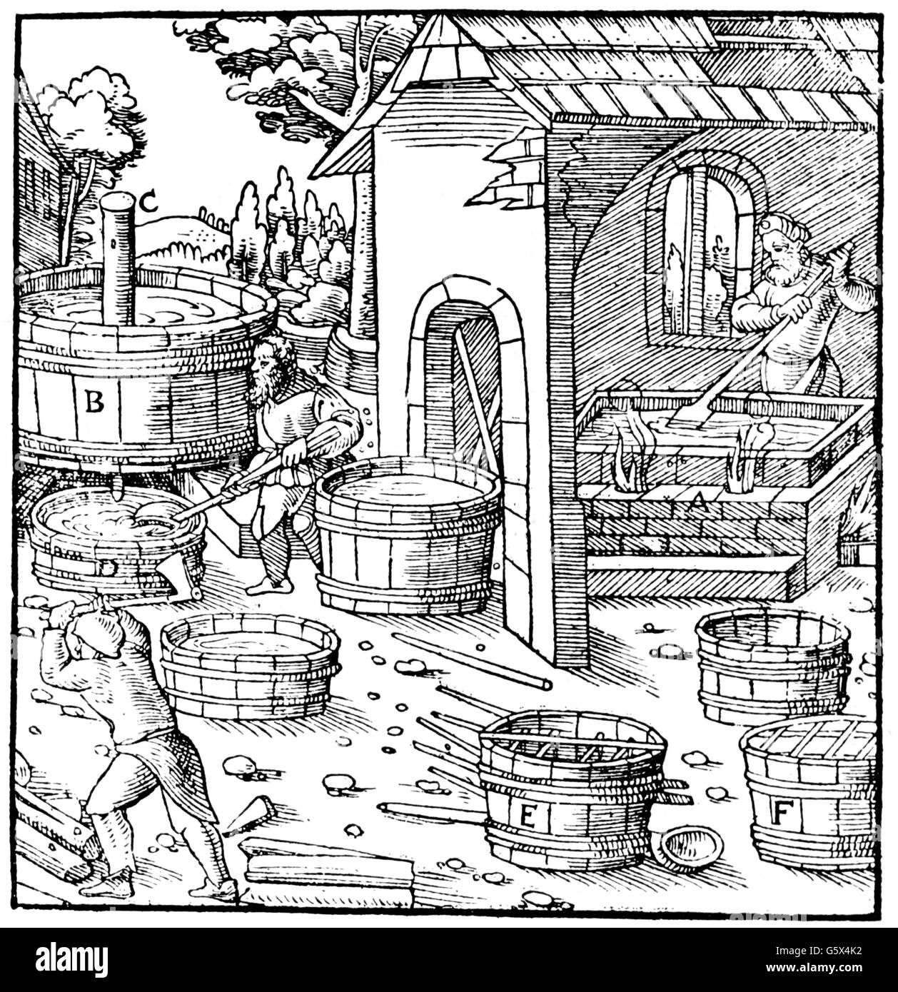 Estrazione, salpeto, bollitura di salpette, dopo disegno di Blasius Weffring, taglio di legno di Hans Rudolf Manuel Deutsch (1525 - 1571), su: Georgius agricola (1494 - 1555), 'De metallica libri XII', Basilea, 1556, diritti aggiuntivi-clearences-not available Foto Stock