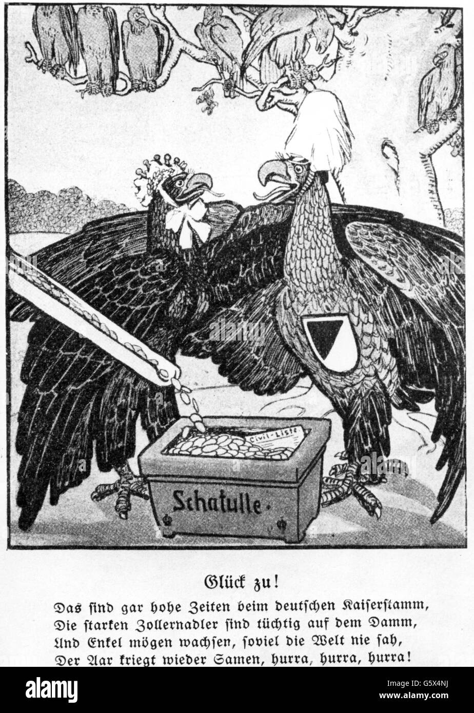 Guglielmo II, 27.1.1859 - 4.6.1941, Imperatore Tedesco 15.6.1888 - 9.11.1918, caricatura su i suoi guadagni dall'erario, disegno, 'Kladderadatsch', 1906, artista del diritto d'autore non deve essere cancellata Foto Stock