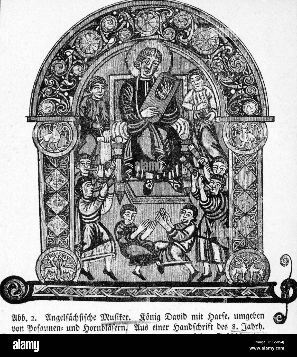 Davide, re d'Israele e Giuda circa 1004 - 965 a.C., con musicisti, dopo la miniatura, Salterio Vespasiano, anglosassone, Inghilterra, circa 830, incisione in legno, 19th secolo, Foto Stock