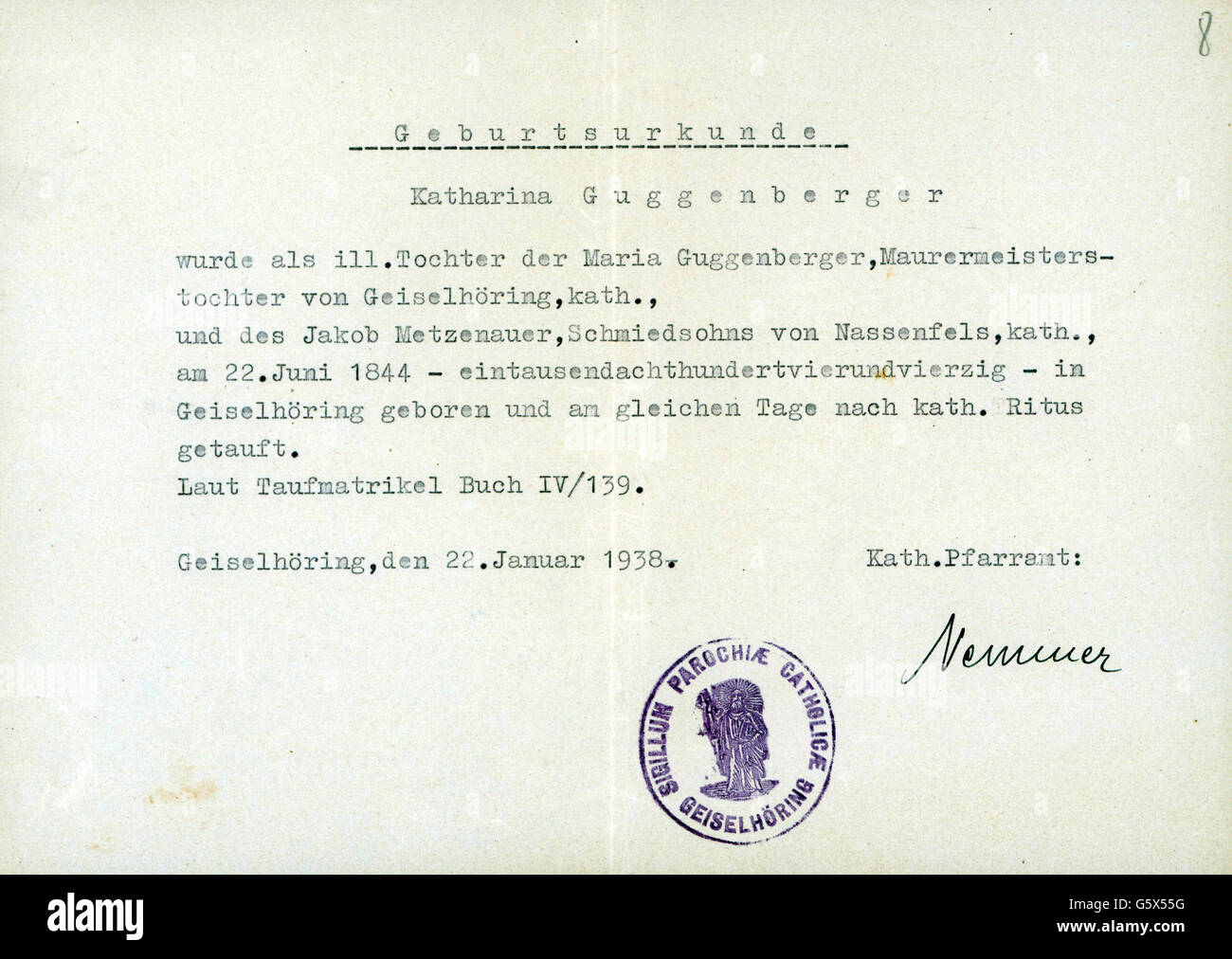 Documenti,certificato di nascita per Katharina Guggenberger,nato il 22.6.1844,rilasciato da Catholic Rectory,Geiselhöring,22.1.1938,1 IX secolo,XX secolo,1930,30s,Germania,bassa Baviera,religione,religioni,cristianesimo,cattolicesimo,nascita,certificato di nascita,certificati di nascita,battesimo,certificato di battesimo,registrazione,timbro,certificato di registrazione,non-storico,certificato di canonica,certificato di canonica,certificato di canonica,non-consegna,certificato di canonica,certificato di canonica,certificato di canonica,diritti,certificato di canonica,certificato di canonica,non-storico,certificato di canonica,certificato di canonica,certificato di canonica,certificato di canonica,non-consegna,certificato di canonica,certificato,certificato di can Foto Stock