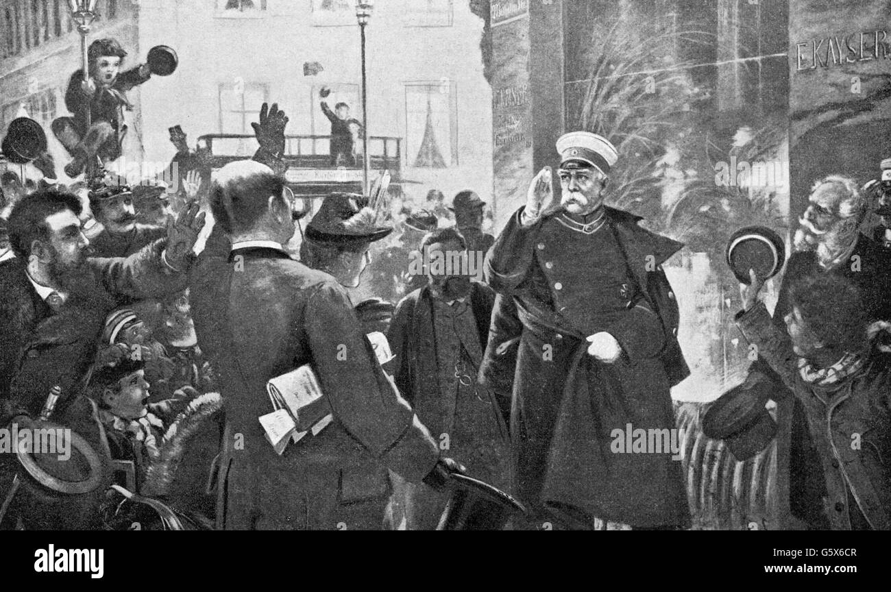 Bismarck, otto von, 1.4.1815 - 30.7.1898, politico tedesco, Cancelliere dell'Impero tedesco 4.5.1871 - 20.3.1890, nelle strade di Berlino dopo il suo discorso del 6.2.1886, stampa, circa 1900, Foto Stock