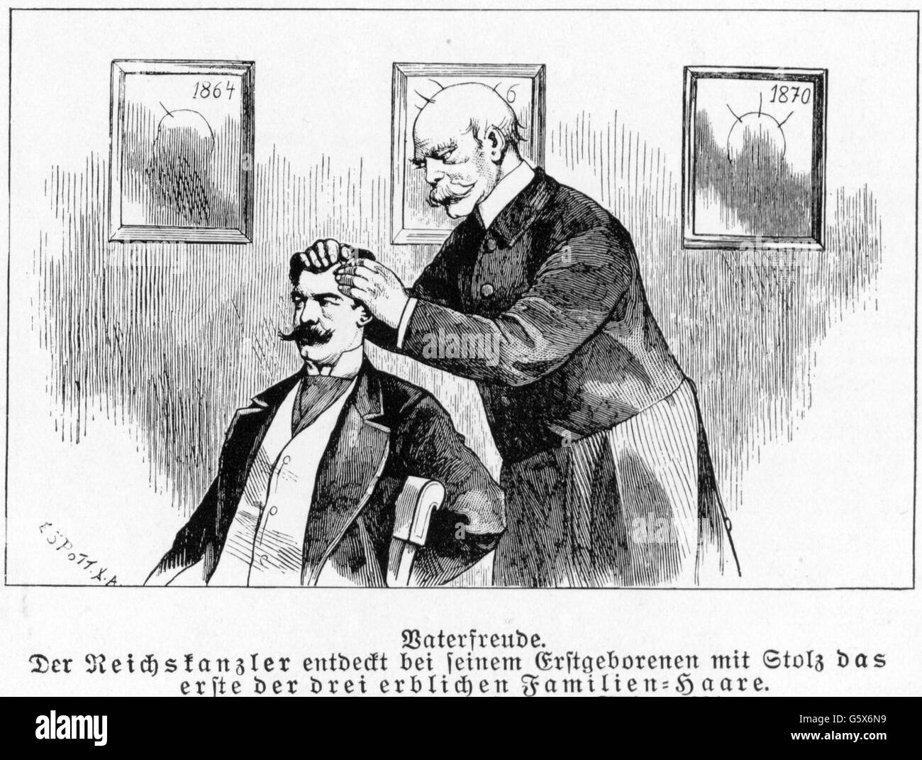 Bismarck Otto von, 1.4.1815 - 30.7.1898, uomo politico tedesco, caricatura, con suo figlio Herbert, 'padre' orgoglio, incisione su legno, 'Kladderadatsch', 1884, artista del diritto d'autore non deve essere cancellata Foto Stock