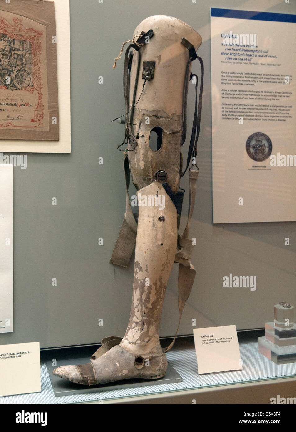 Una protesi gamba, risalente al periodo della Prima Guerra Mondiale in mostra nel museo di Brighton Foto Stock