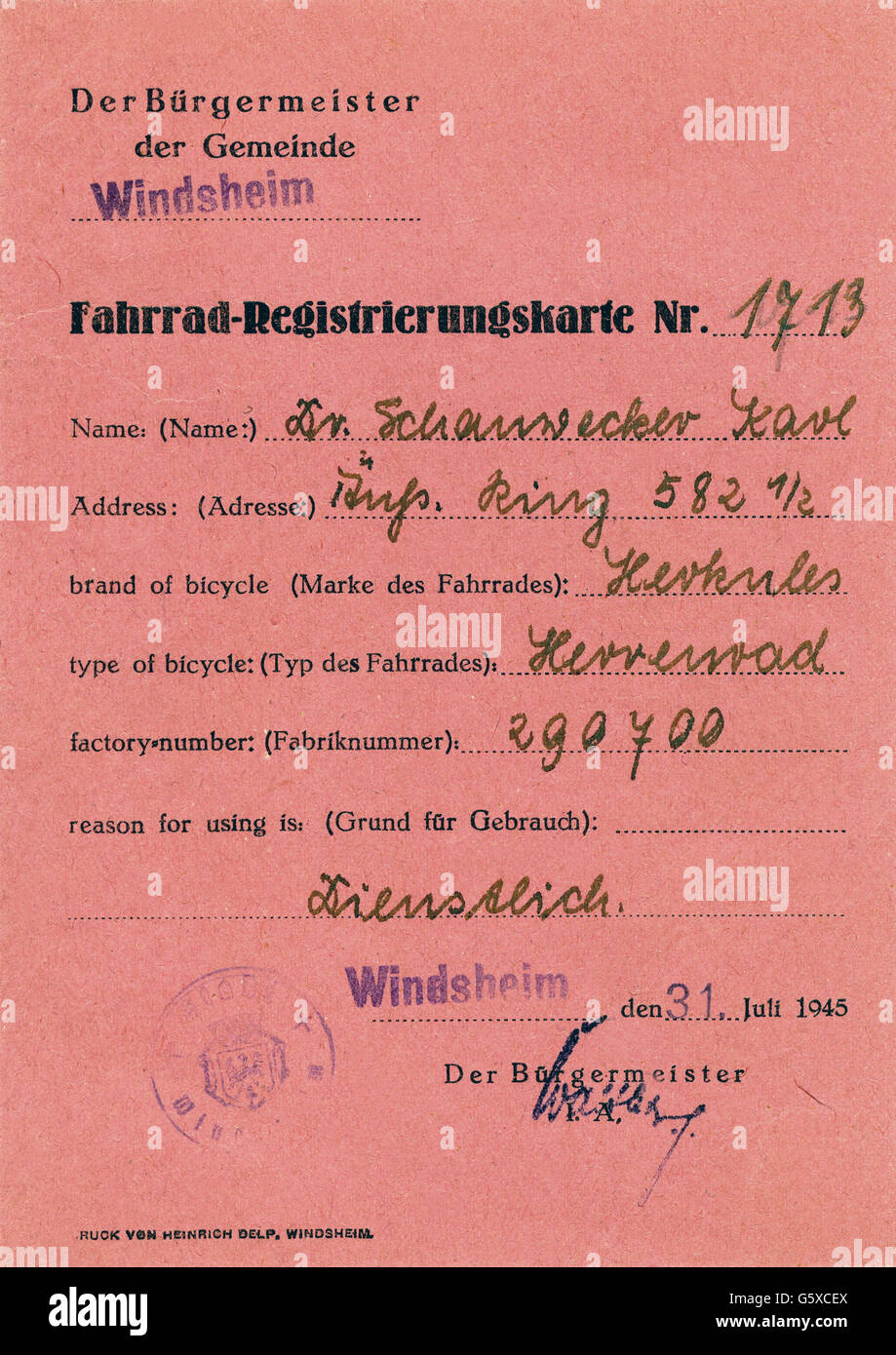Documenti, scheda di registro delle biciclette, comunità di Windsheim, Germania, 31.7.1945, diritti-aggiuntivi-clearences-non disponibile Foto Stock