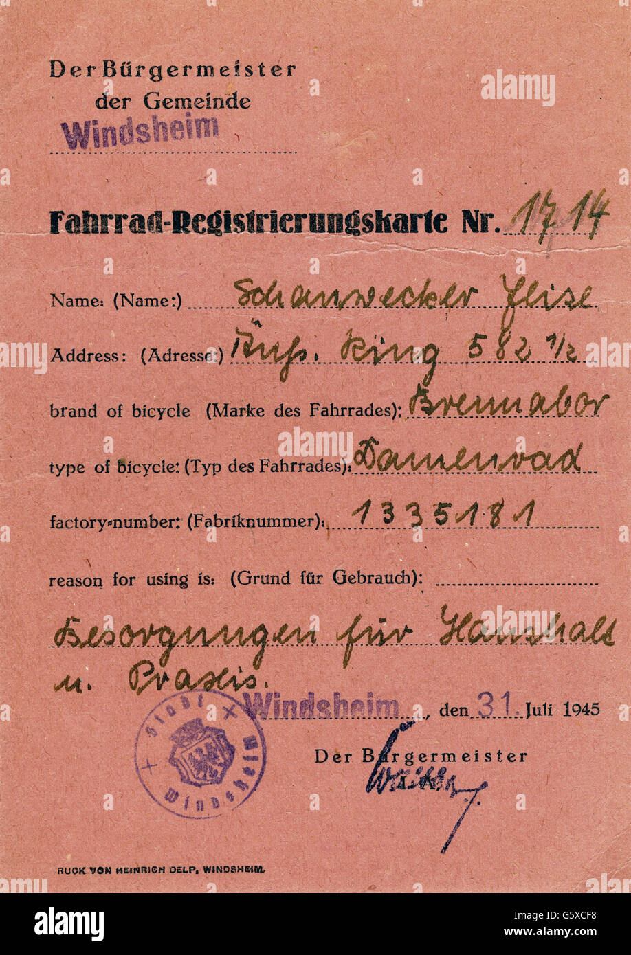 Documenti, scheda di registro delle biciclette, comunità di Windsheim, Germania, 31.7.1945, diritti-aggiuntivi-clearences-non disponibile Foto Stock