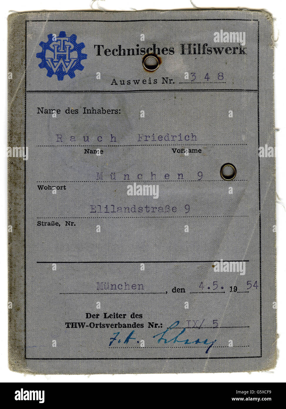 Documenti, tessera associativa, Agenzia federale per il Soccorso tecnico (Technisches Hilfswerk), Friedrich Rauch, Monaco, 4.5.1954, diritti-aggiuntivi-clearences-non disponibili Foto Stock
