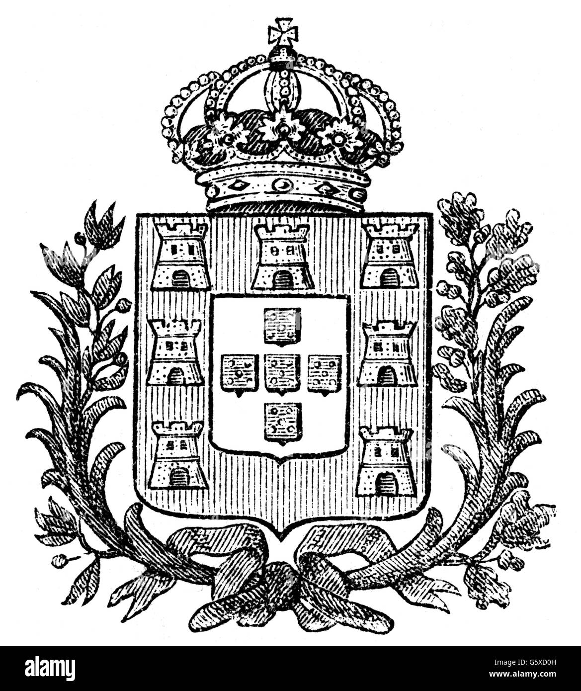 Eraldica, stemma, Portogallo, stemma di piccolo stato del Regno del Portogallo, incisione in legno, 1893, diritti-aggiuntivi-non-disponibili Foto Stock