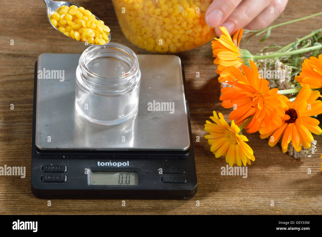 Produzione yarrow e la Pomata alla Calendula / (Calendula officinalis), Achillea millefolium) Foto Stock