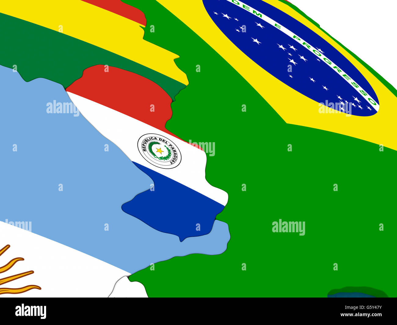 Mappa di Paraguay con embedded bandiere sul 3D mappa politico. Accurato colori ufficiali delle bandiere. 3D illustrazione Foto Stock