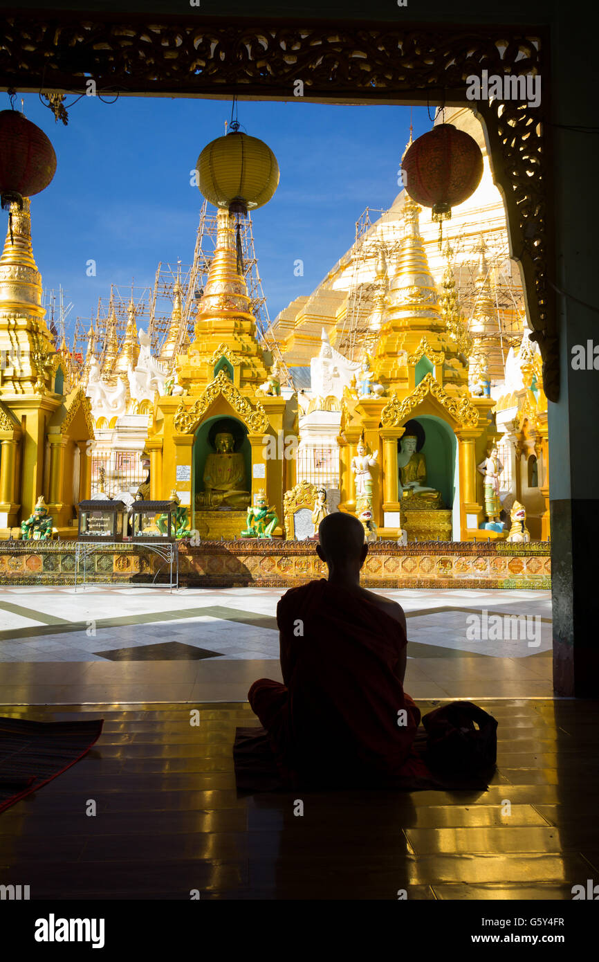 Monaco buddista di pregare in Shwe Dagon Pagoda Foto Stock