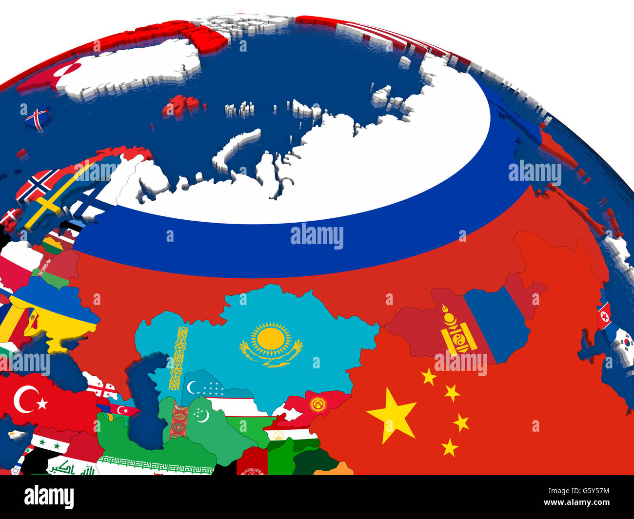 Mappa di Russia con embedded bandiere sul 3D mappa politico. Accurato colori ufficiali delle bandiere. 3D illustrazione Foto Stock