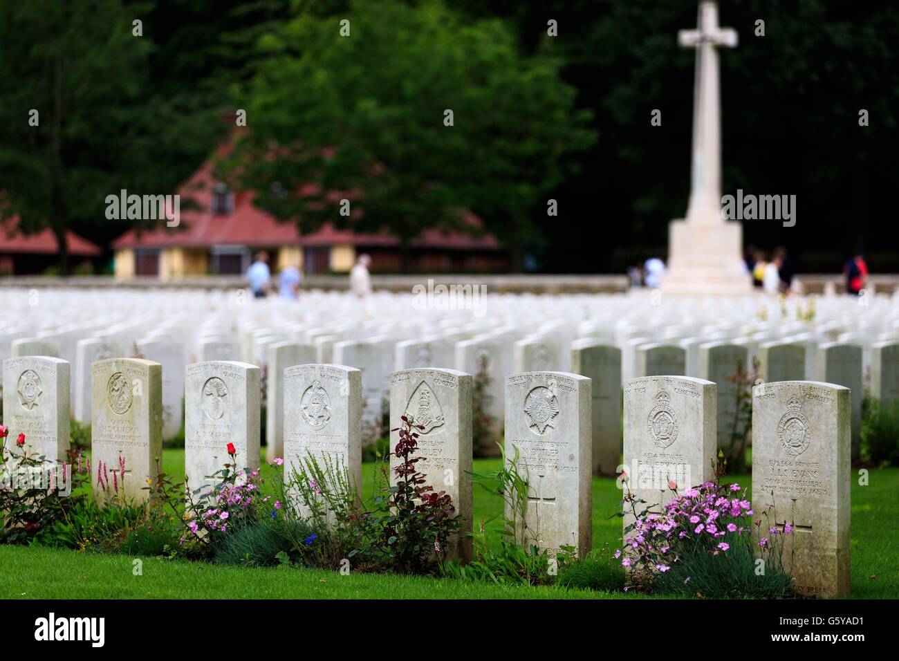 Le lapidi di commemorazione del soldato sepolto in legno Delville cimitero, Longueval, Francia che hanno combattuto durante la Battaglia delle Somme che è iniziato il 1 luglio 1916. Foto Stock