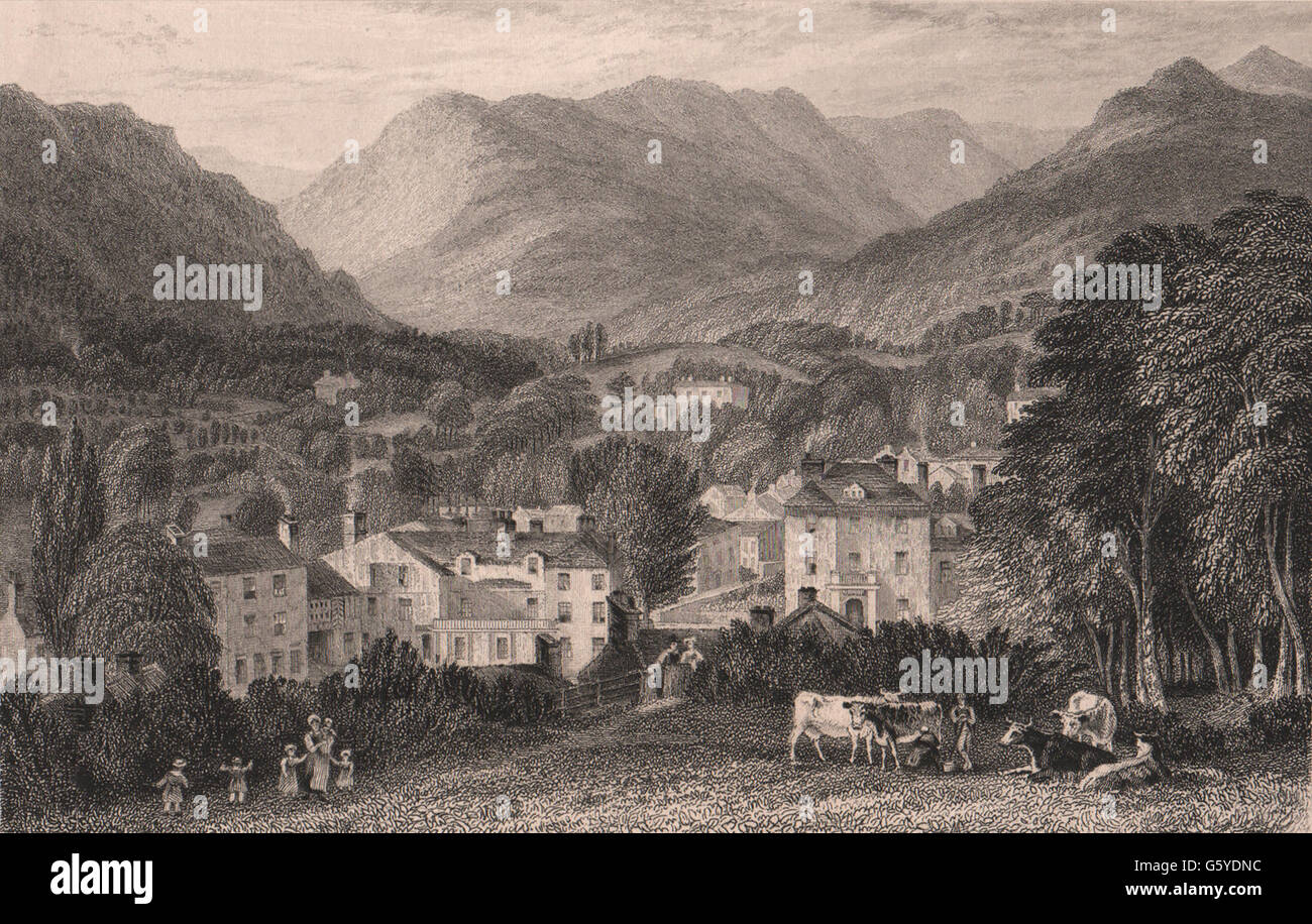 LAKE DISTRICT: Ambleside, Westmoreland. Cumbria, antica stampa 1839 Foto Stock