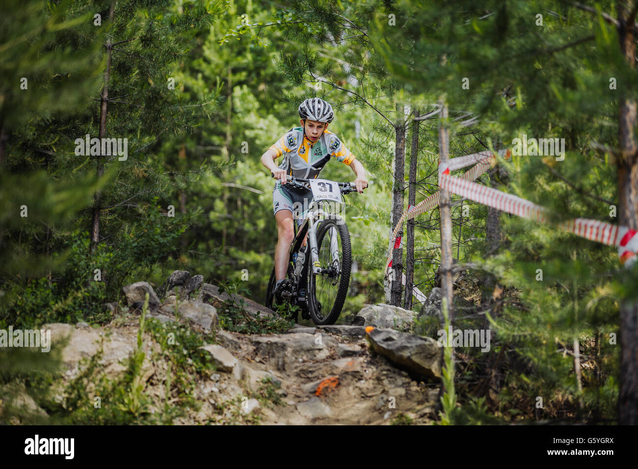 Giovane atleta cavalca una bicicletta sulle rocce nel bosco di abete rosso Foto Stock