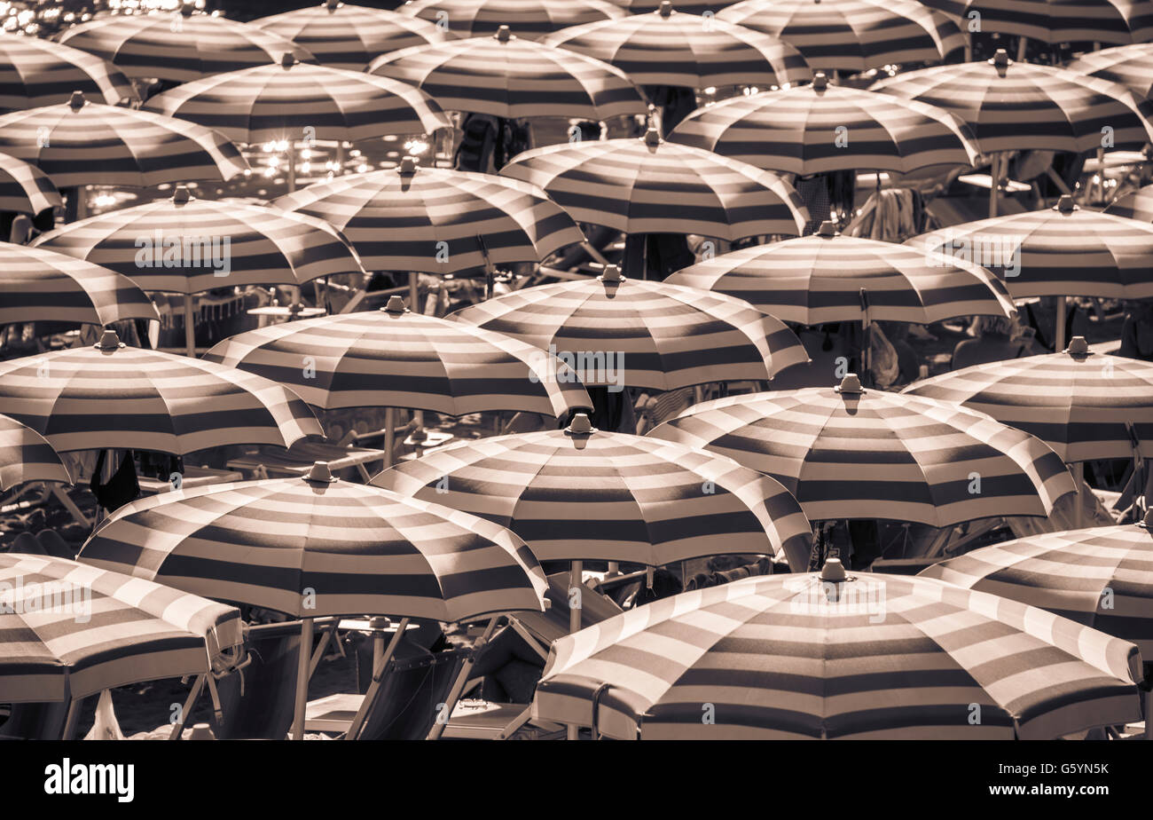 Strung, striped ombrelloni sulla spiaggia, Sestri Levante, Liguria, Italia Foto Stock