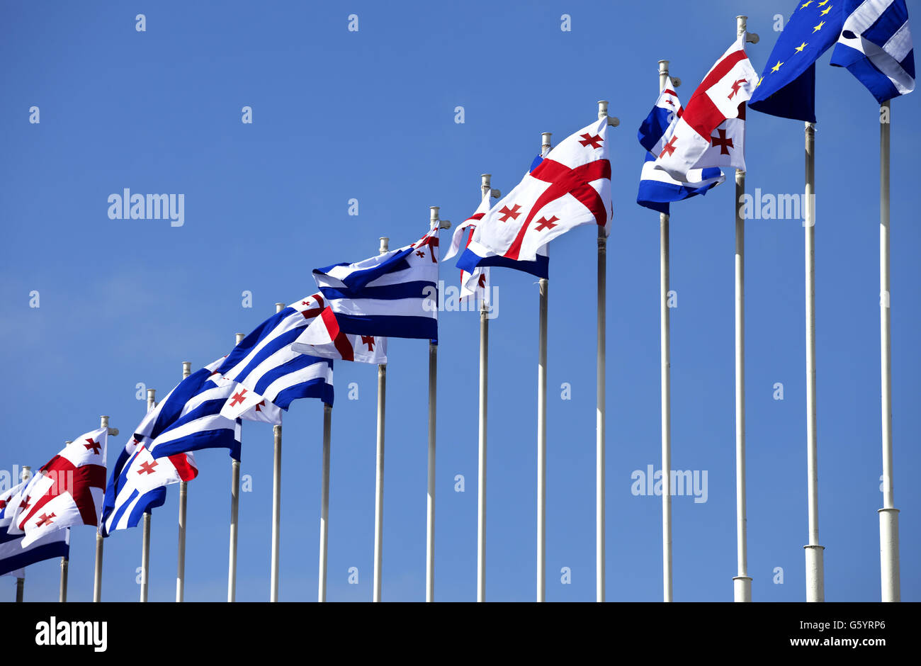 Bandiere di Georgia, Adjara (repubblica autonoma della Georgia) e Unione europea Foto Stock