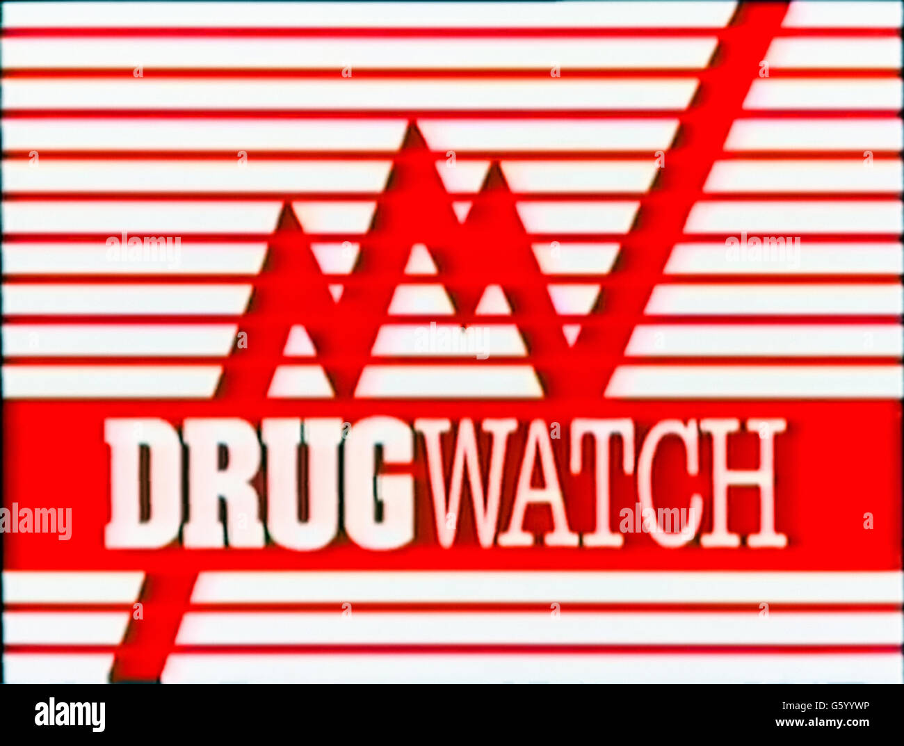 Schermata del titolo dalla BBC "Drugwatch", una campagna live offerte presentate da Esther Rantzen e Nick Ross. Prima trasmissione del 21 luglio 1985, il programma TV che ha presentato i risultati della più grande indagine abuso di droga in Gran Bretagna eseguita in quel momento. Foto Stock