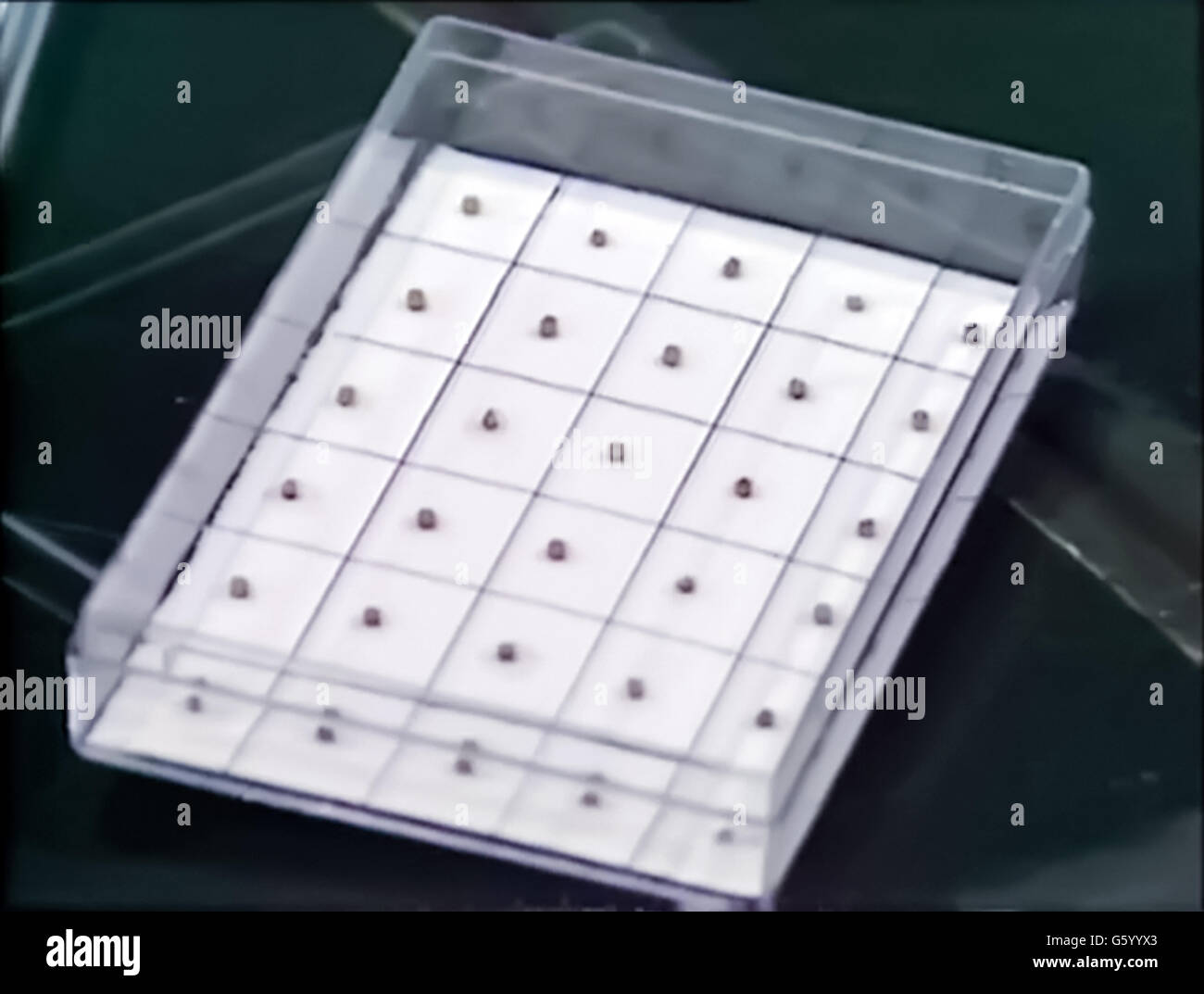 LSD tablet o 'microdot', ancora da BBC "Drugwatch" presentato da Esther Rantzen e Nick Ross. Prima trasmissione del 21 luglio 1985, il programma TV che ha presentato i risultati della più grande indagine abuso di droga in Gran Bretagna eseguita in quel momento. Foto Stock