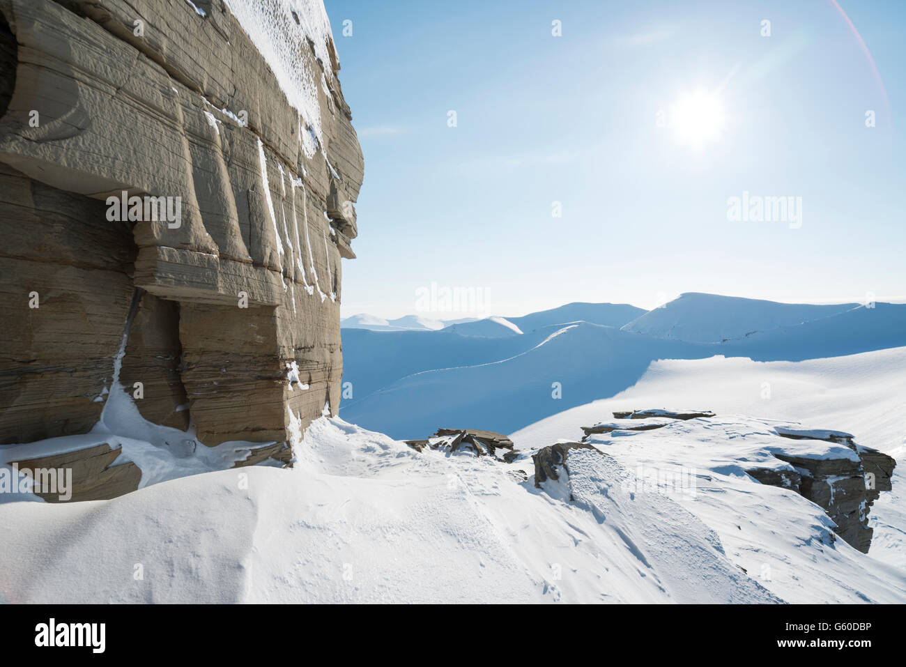 Winterliche Bergwelt Spitzbergens Winterscape di Svalbard a Bolterdalen, Svalbard, Norvegia Foto Stock